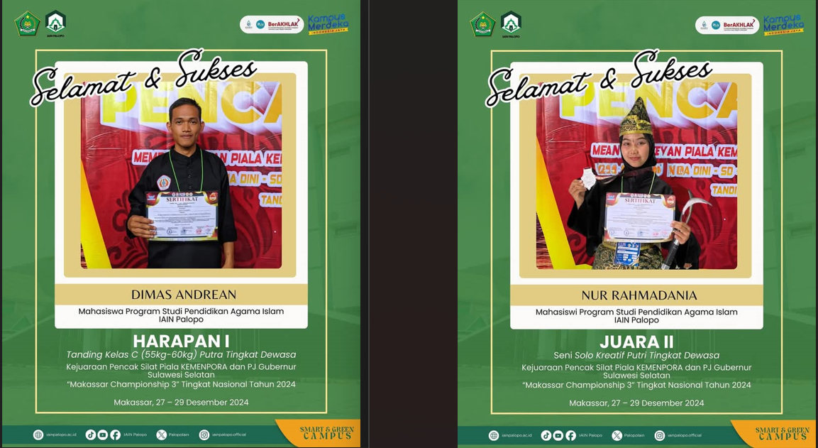 Dua Mahasiswa Prodi PAI IAIN Palopo Raih Juara di Kejuaraan Pencak Silat Piala Kemenpora dan PJ Gubernur Sulawesi Selatan
